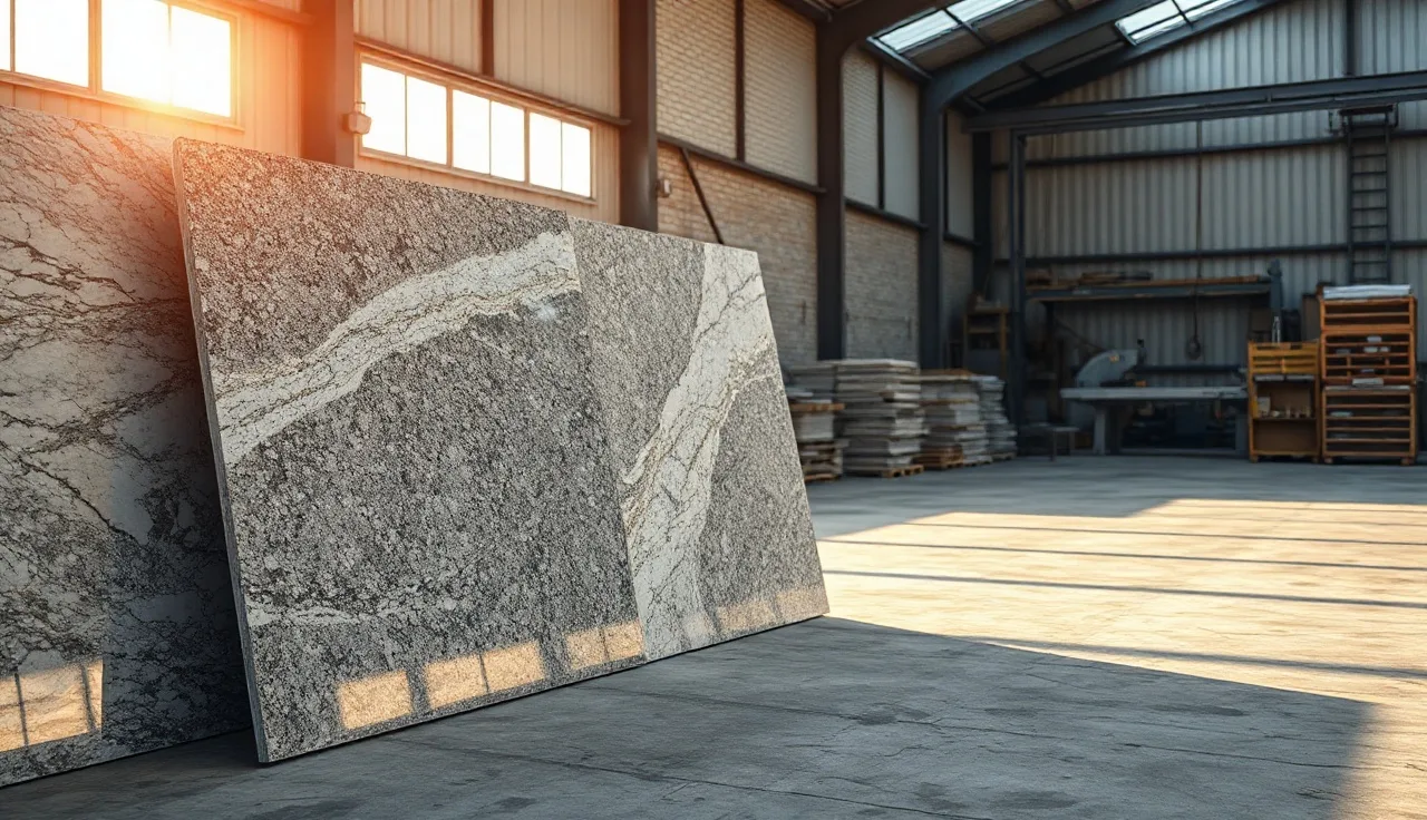 Polished granite slabs staged inside a Charlotte stone fabrication shop