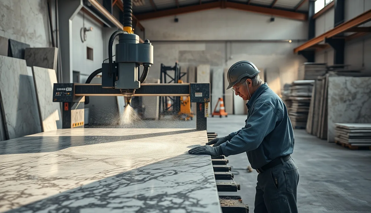 Stone fabricator guiding granite slab through CNC waterjet cutter in shop